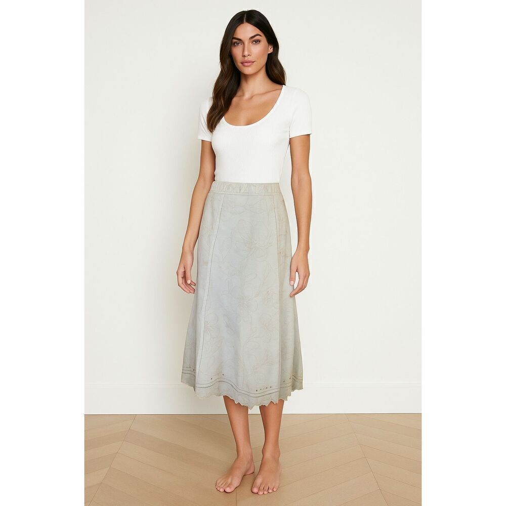 Burning Torch Floral Embroidered Denim Skirt Blue Size S